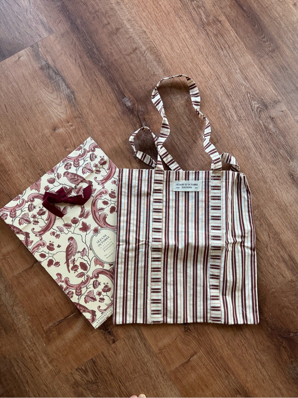 Sezane Striped Tote in Cream & Burgundy with Gift Bag